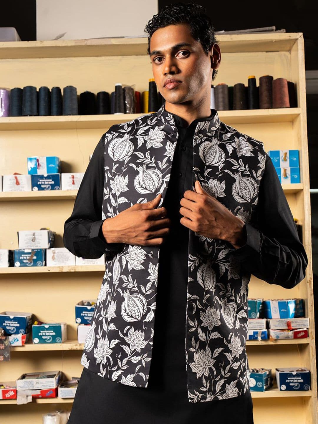 Project Bandi Printed Satin Nehru Jacket - view 1