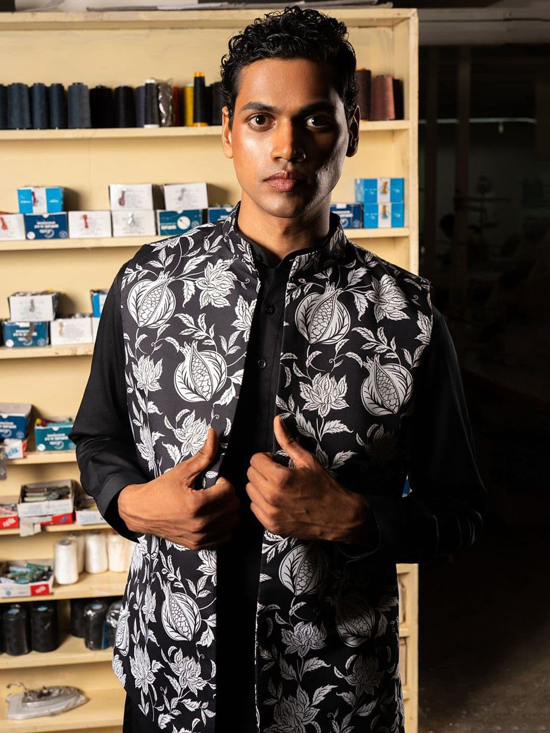 Project Bandi Printed Satin Nehru Jacket - view 1
