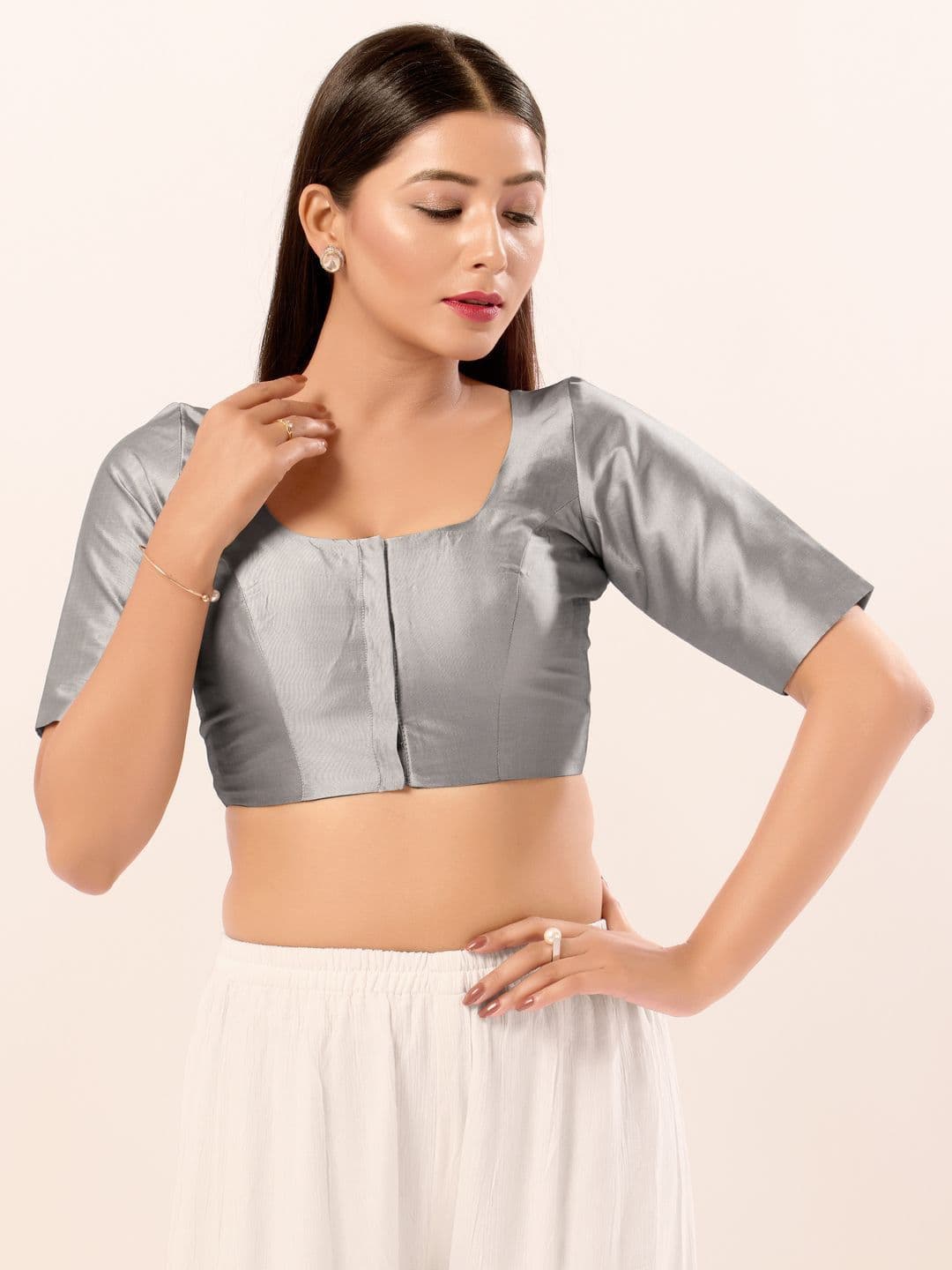 VAMAS - THE DESIGNER BLOUSES Women Grey Silk Solid Elbow Sleeve Readymade Saree Blouse - view 1