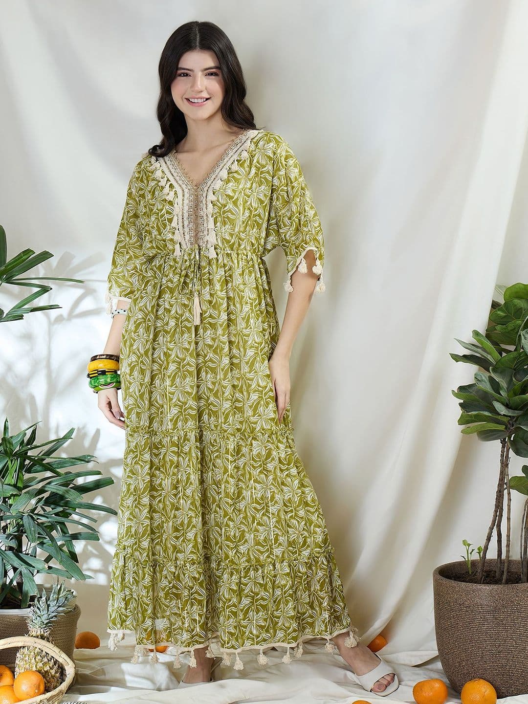 DRAPE AND DAZZLE Floral Printed V-Neck Bell Sleeves Lace-Up Cotton Maxi Dress - view 1