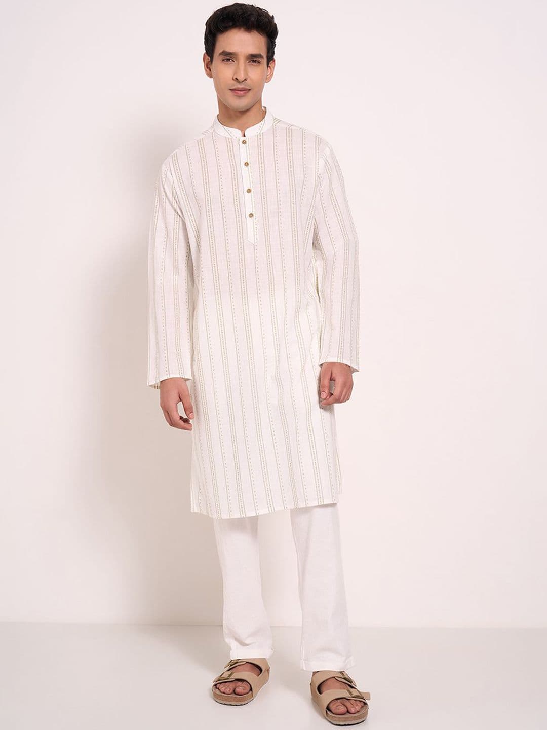 indus route by Pantaloons Striped Mandarin Collar Pure Cotton Straight Kurta - view 1