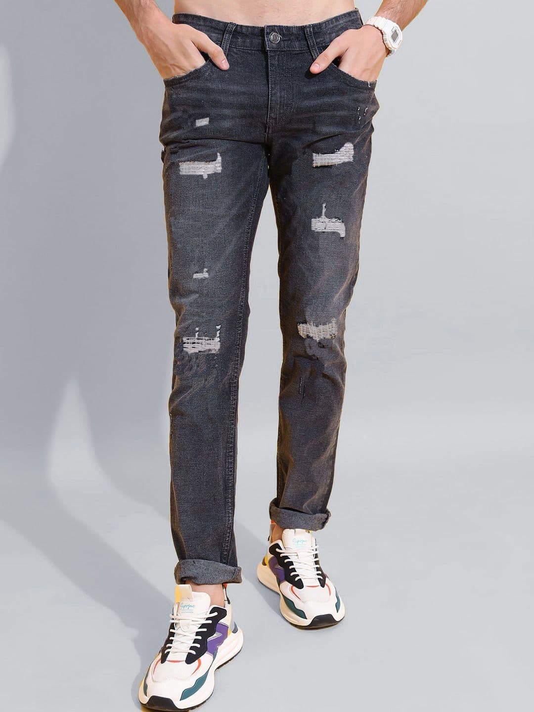 fineblu Men Skinny Fit Highly Distressed Light Fade Stretchable Jeans - view 1