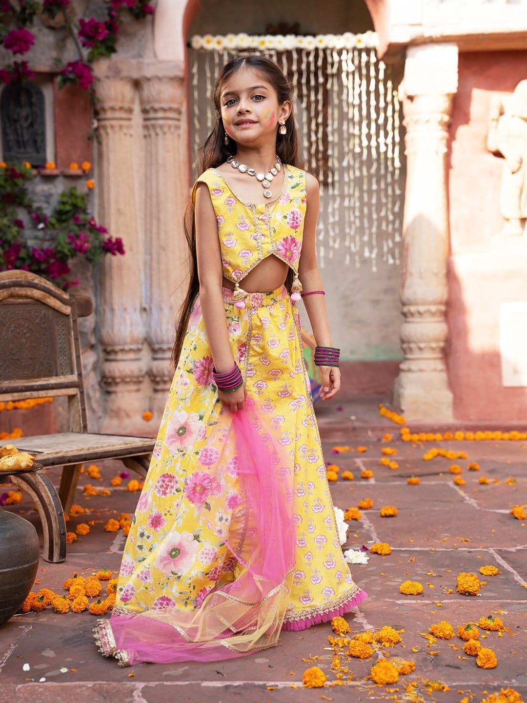 Pspeaches Girls Yellow Booti Cotton Lehenga Choli Dupatta Set - view 1