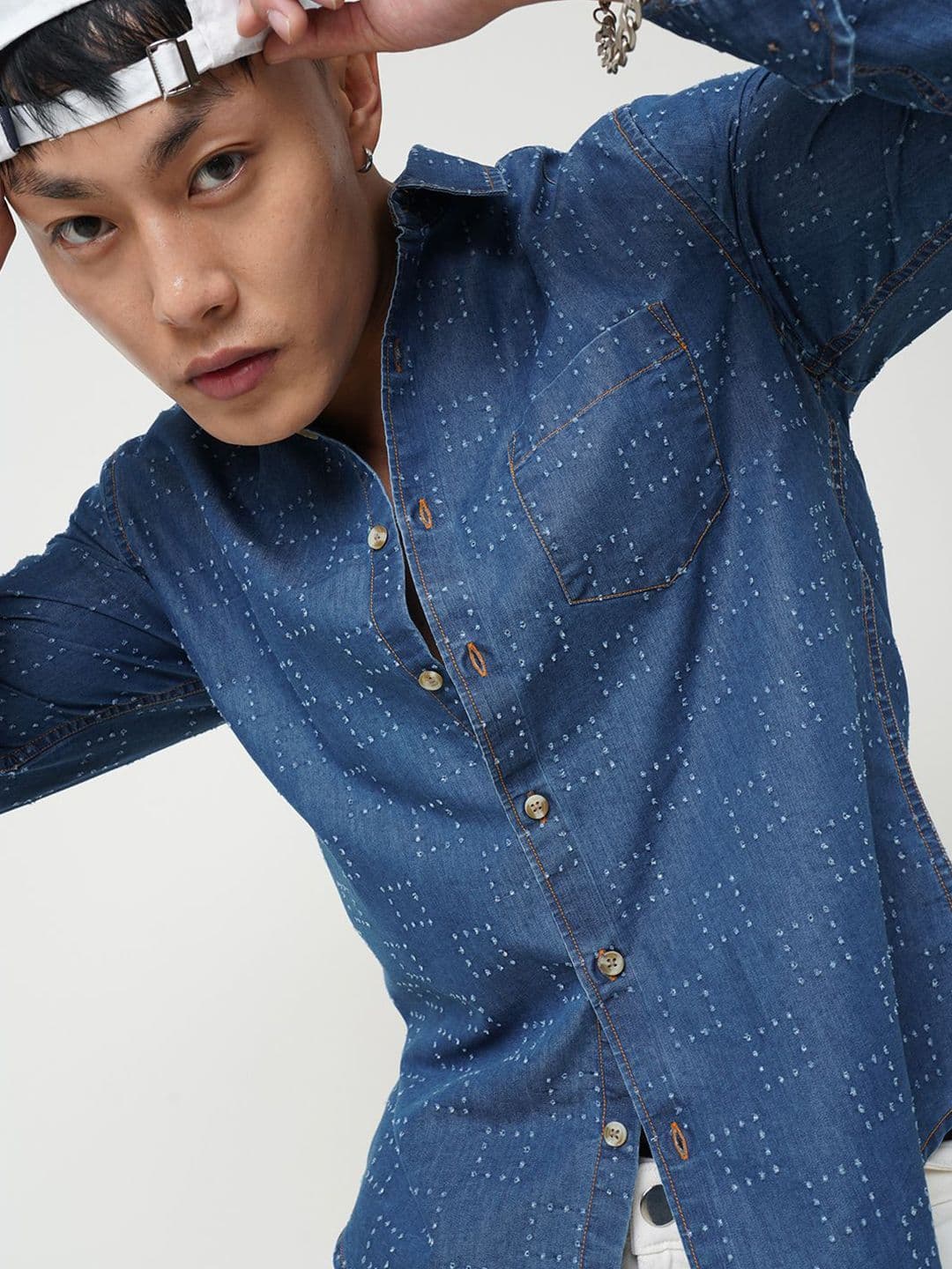VASTRADO Denim Contrast Textured Cotton Long Sleeves Slim Fit Shirt - view 1