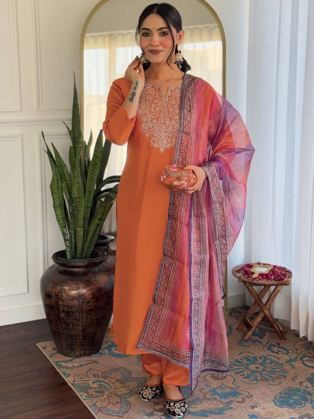 KALINI Women Floral Yoke Design Regular Thread Work Kurta with Trousers & With Dupatta - view 1