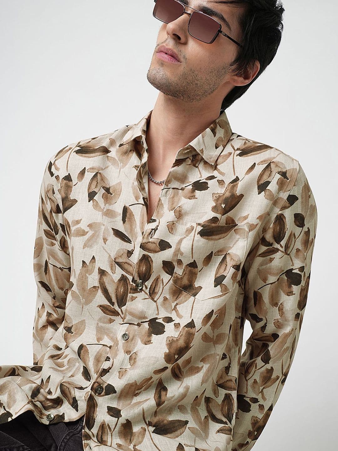 VASTRADO Camel Artistic Floral Cotton Long Sleeves Slim Fit Shirt - view 1