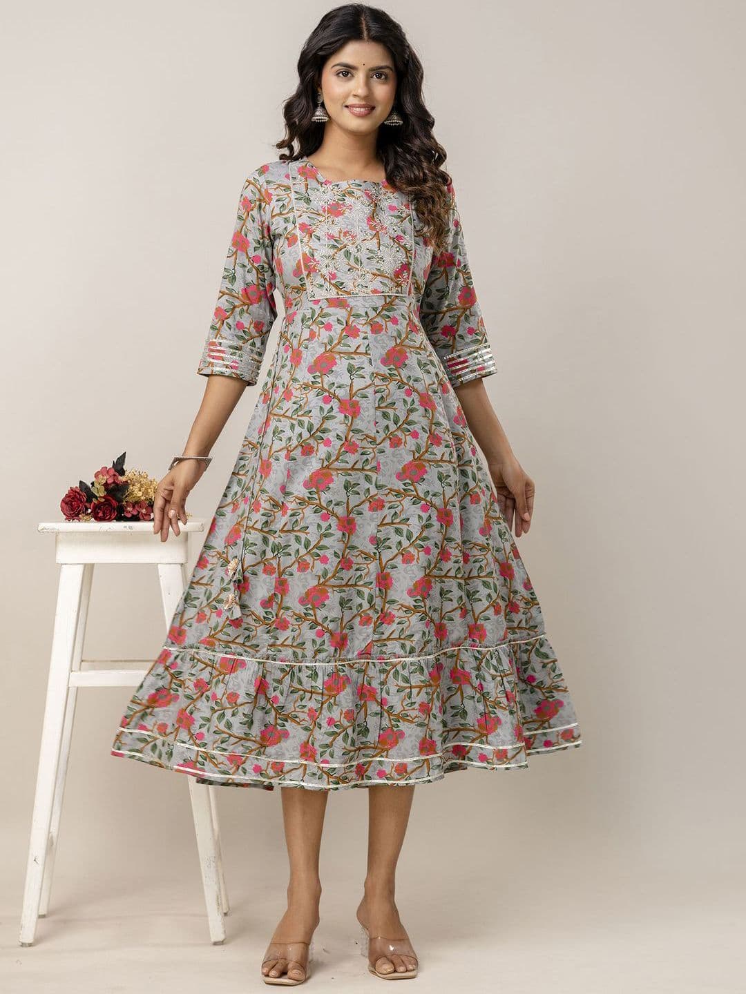BAIRAJ Women Floral Embroidered Gotta Patti Anarkali Kurta - view 1
