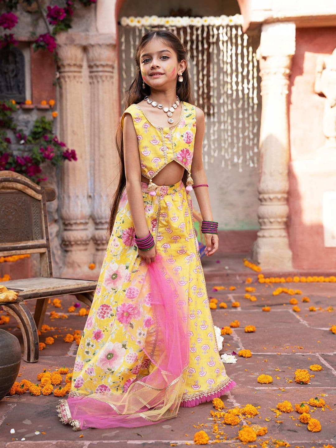 Pspeaches Girls Yellow Booti Cotton Lehenga Choli Dupatta Set - view 1