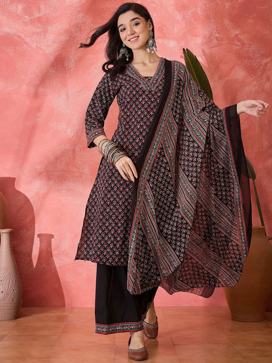 Sangria Floral Printed Pure Cotton Straight Kurta & Palazzos With Dupatta - view 1