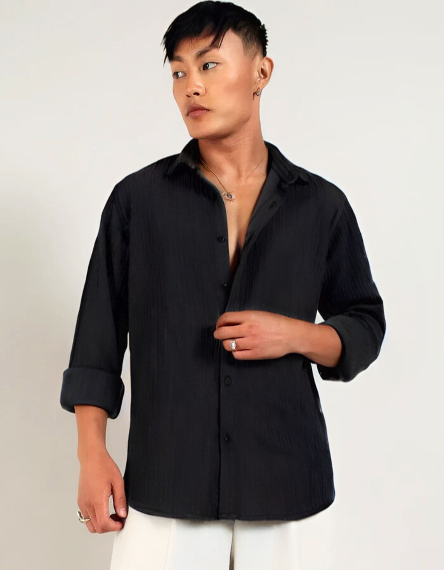 URBANICE Men Black Textured Regular Fit Casual Shirt Full Sleeves - view 1