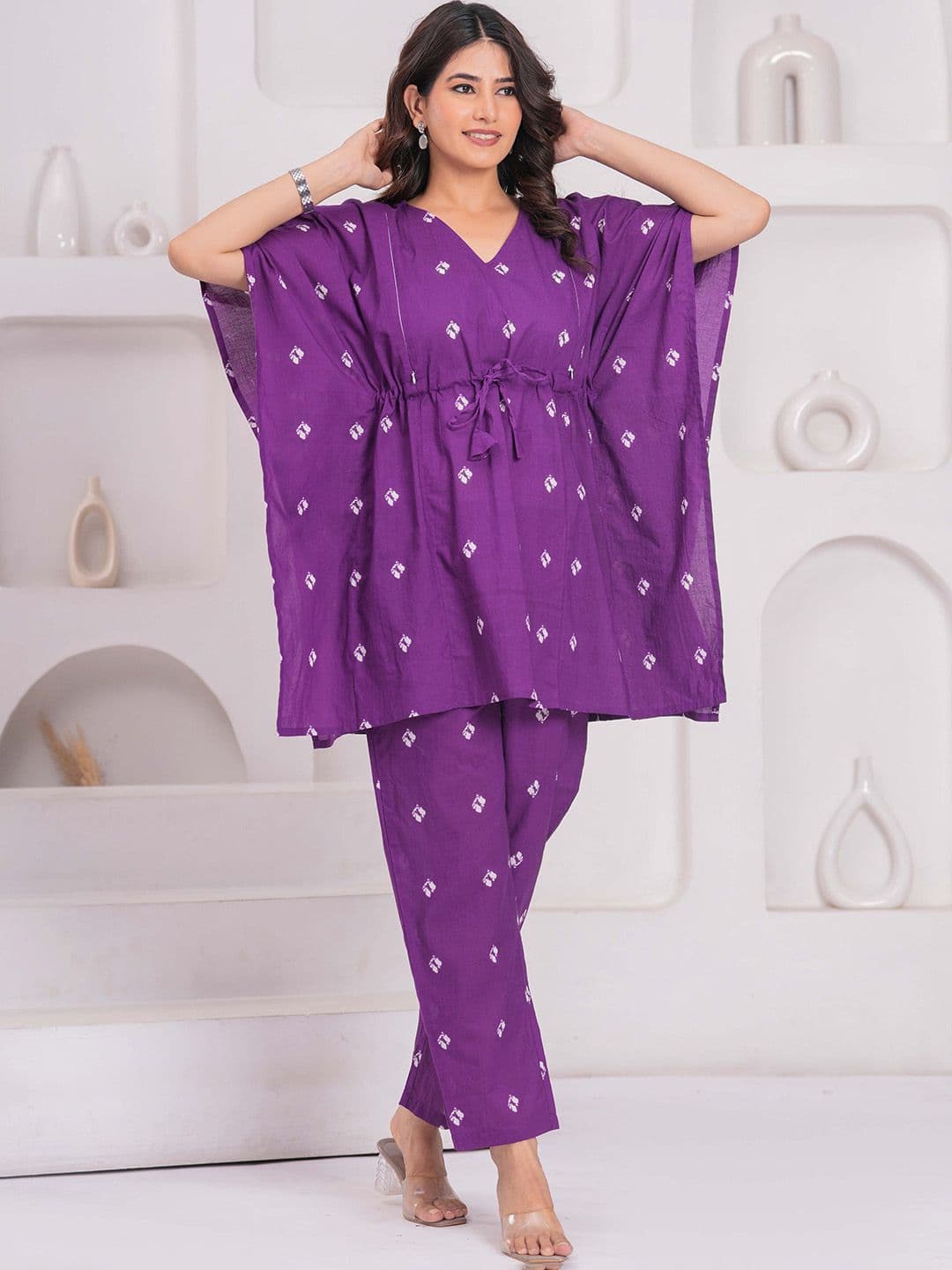CELEBRAVO Floral Printed V-Neck Pure Cotton A-Line Maternity Kaftan With Trouser - view 1