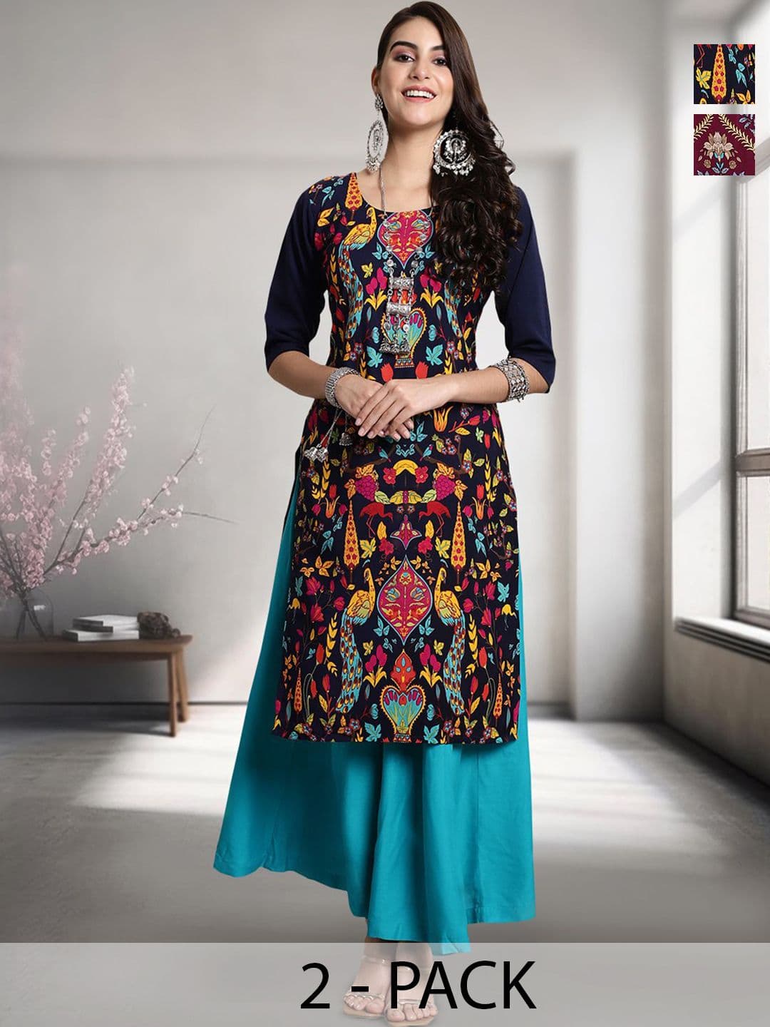 HERE&NOW Selection Of 2 Ethnic Motifs Printed Round Neck Straight Kurtas - view 1