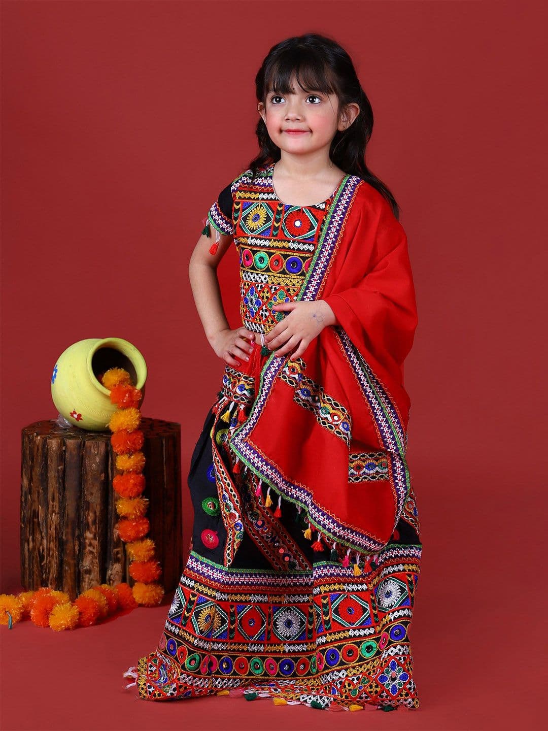 BANJARA INDIA Girls Embroidered Thread Work Ready to Wear Lehenga & Blouse With Dupatta - view 1