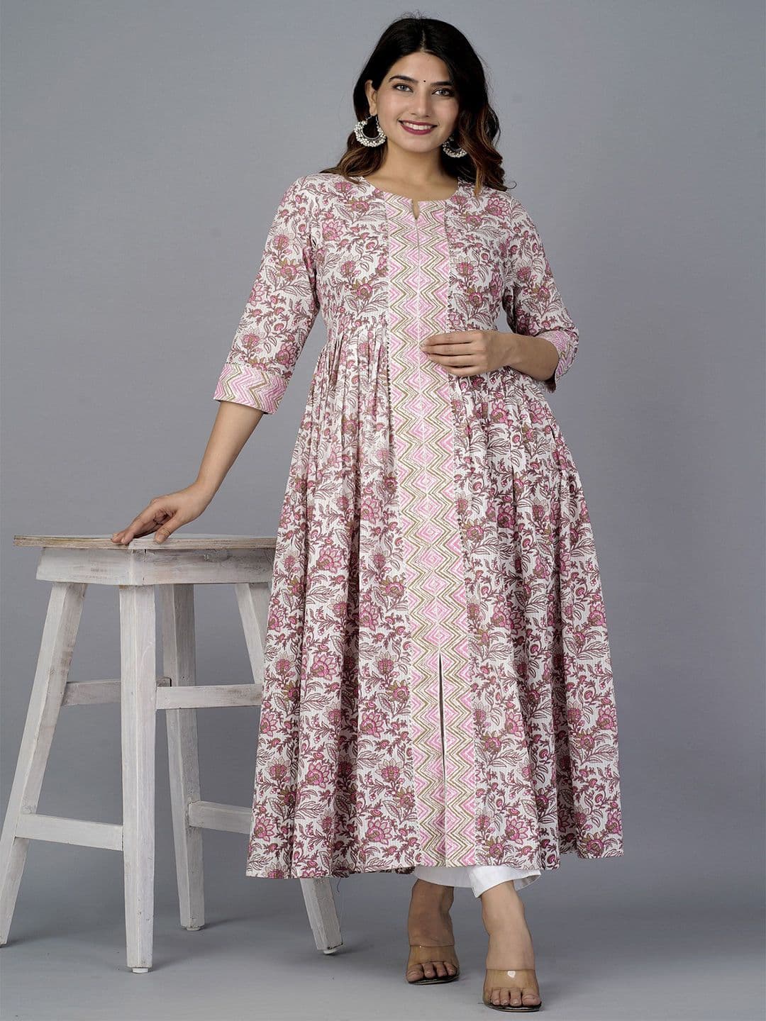HERE&NOW Floral Printed Notch Neck Anarkali Pure Cotton Kurta - view 1