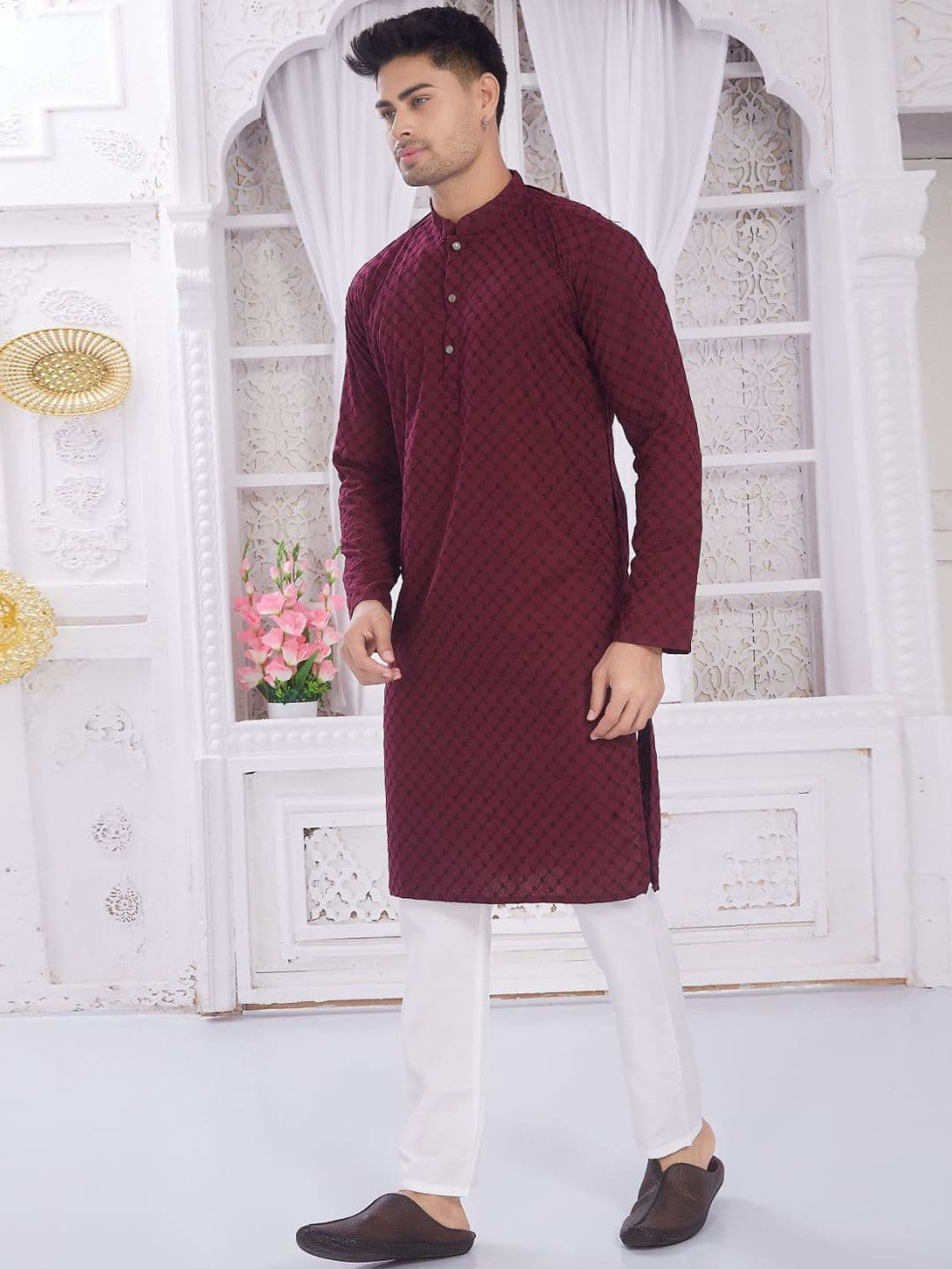 PulseIQ Geometric Embroidered Thread Work Mandarin Collar Cotton Straight Kurta - view 1