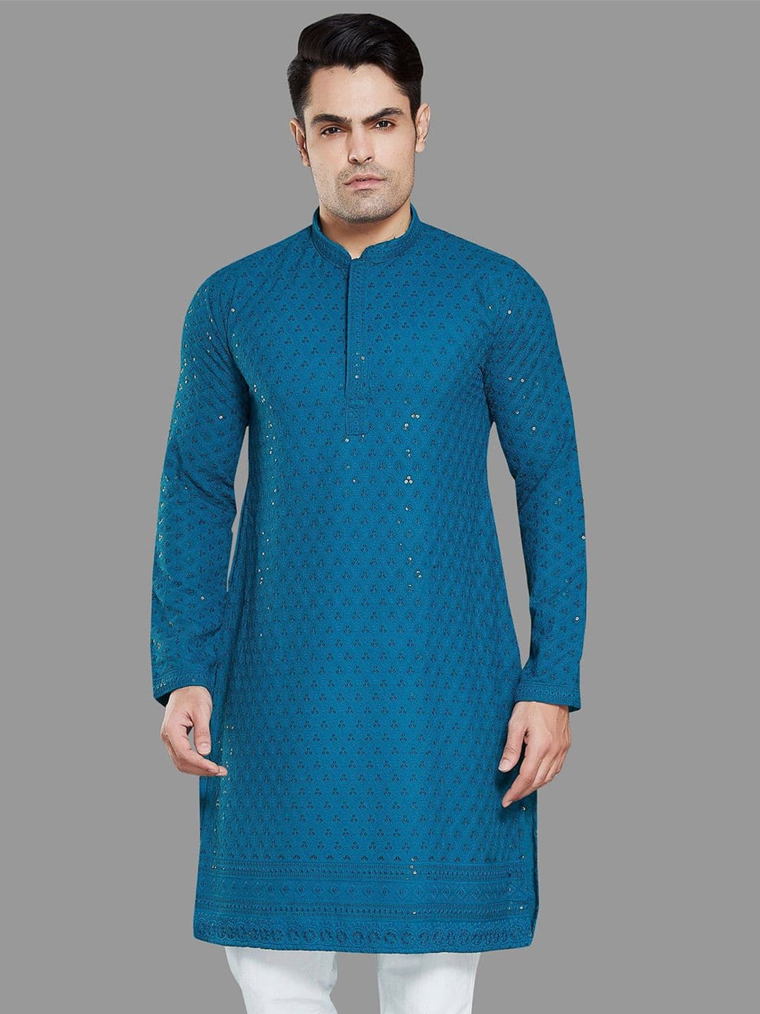 PulseIQ Floral Embroidered Mandarin Collar Sequinned Straight Kurta - view 1