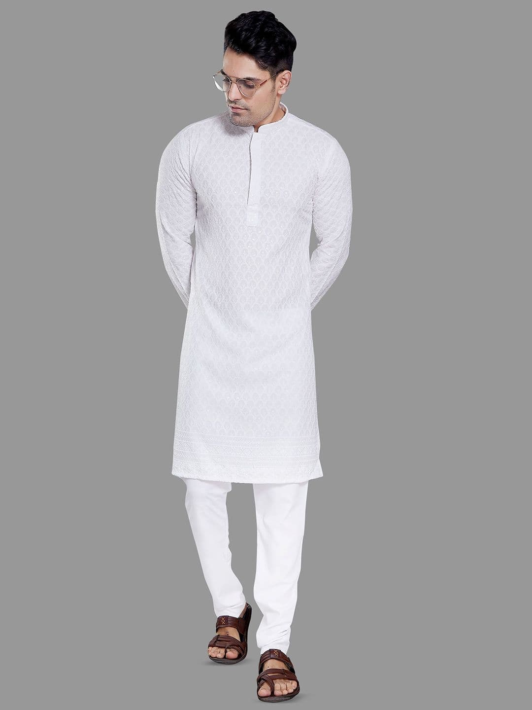 PulseIQ Geometric Embroidered Mandarin Collar Straight Kurta - view 1