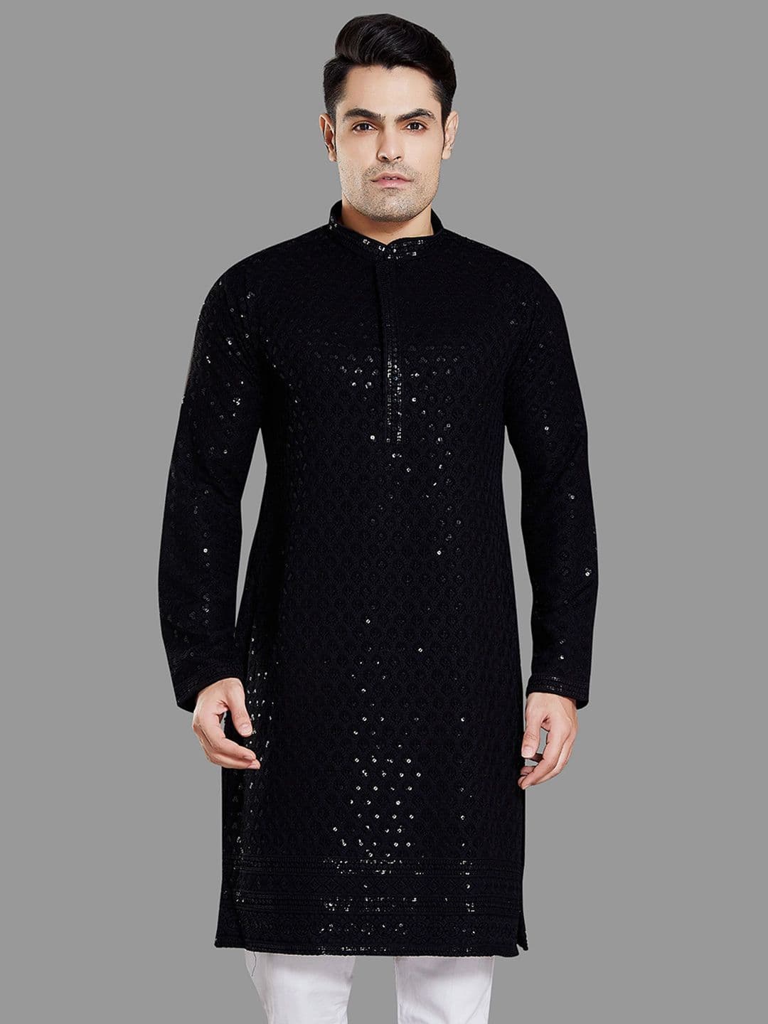 PulseIQ Men Mandarin Collar Sequins Embroidered Kurta - view 1