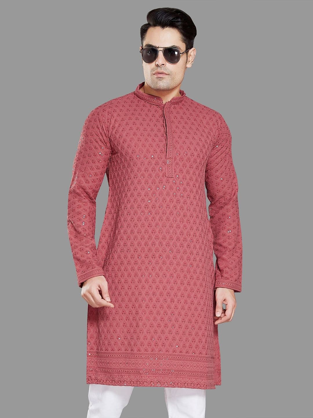 PulseIQ Floral Embroidered Mandarin Collar Sequinned Straight Kurta - view 1