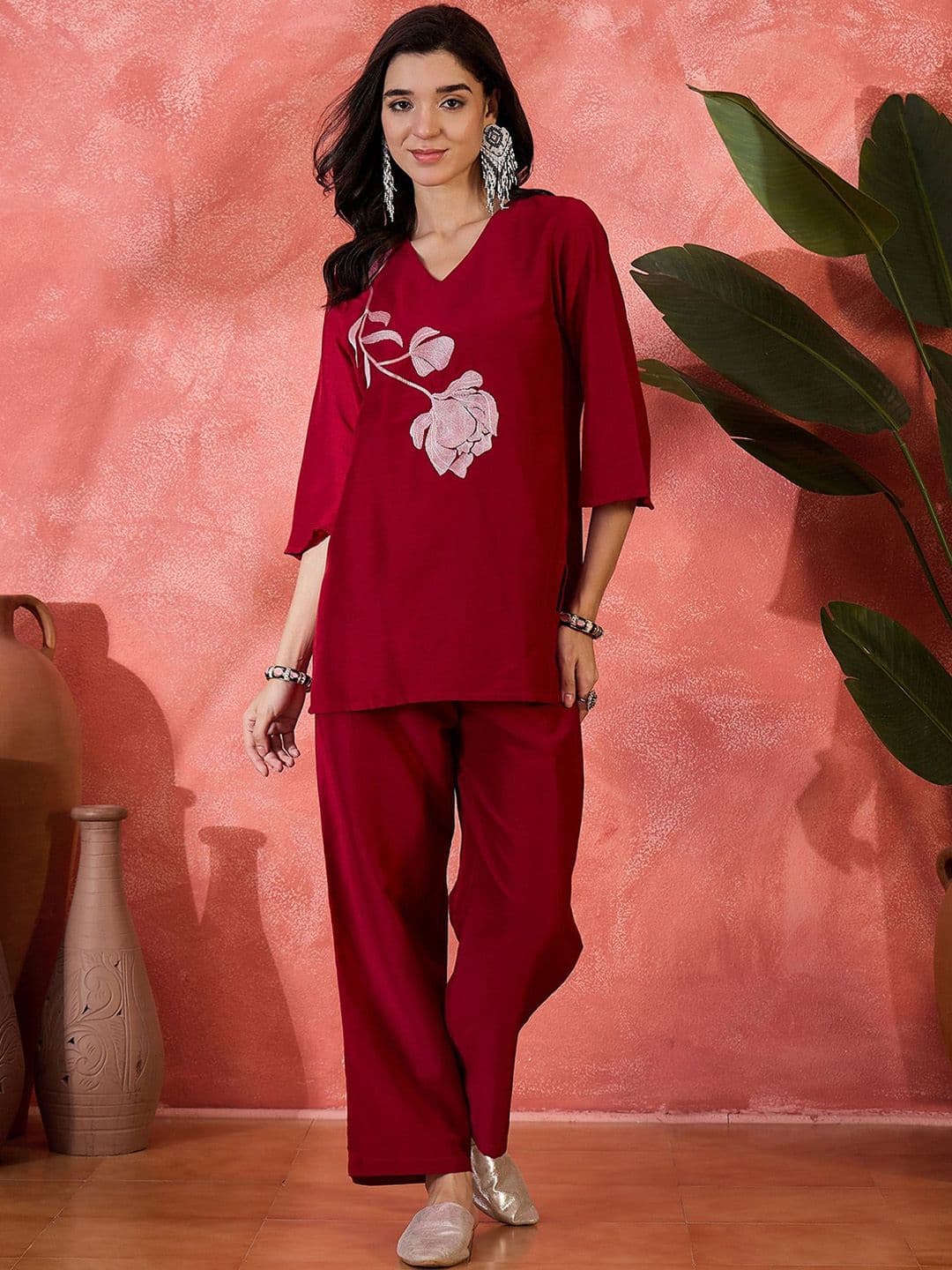 Sangria Floral Embroidered Tunic With Trousers Co-Ords - view 1