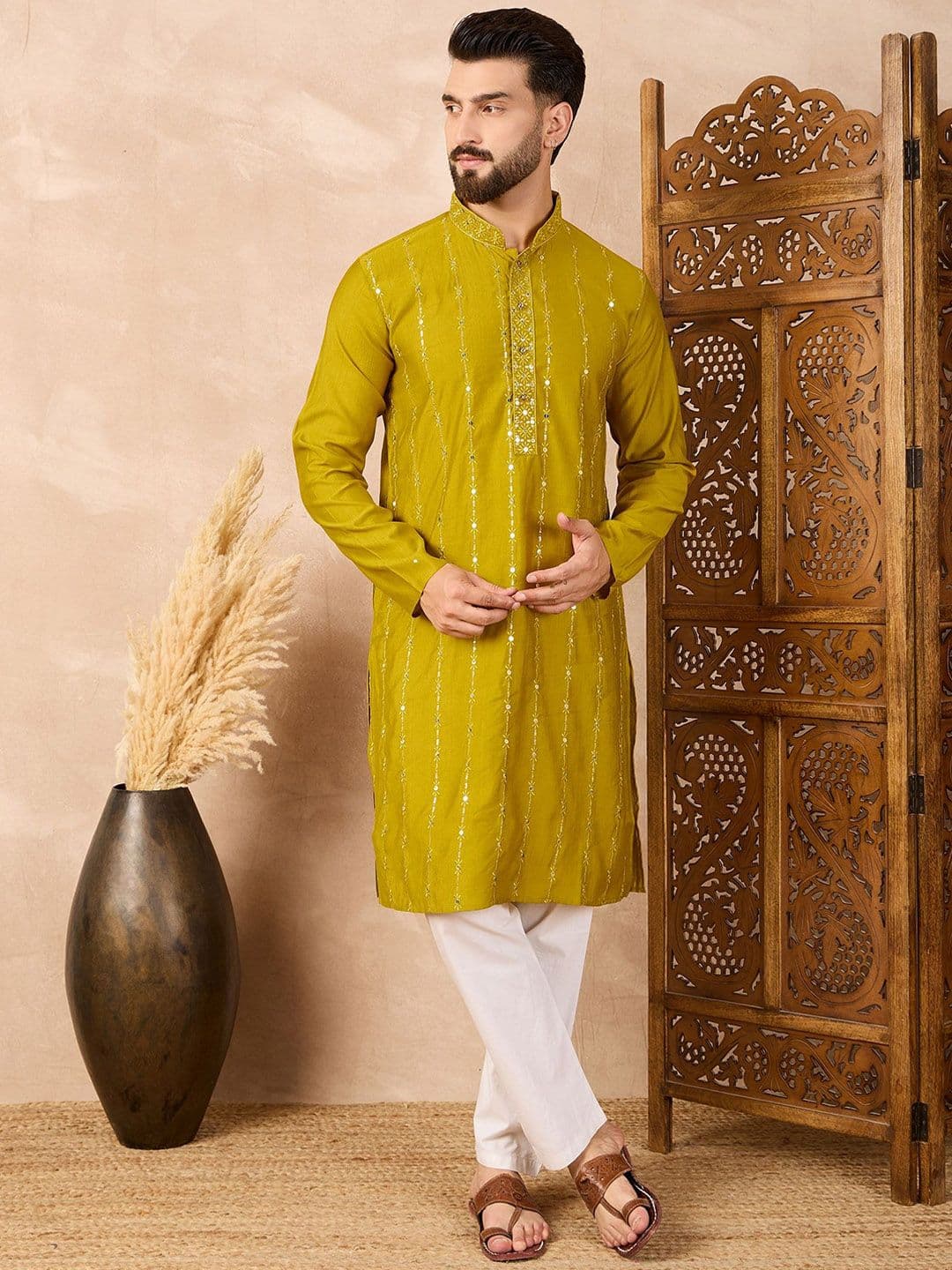 House of Pataudi Striped Mandarin Collar Sequinned Straight Kurta - view 1