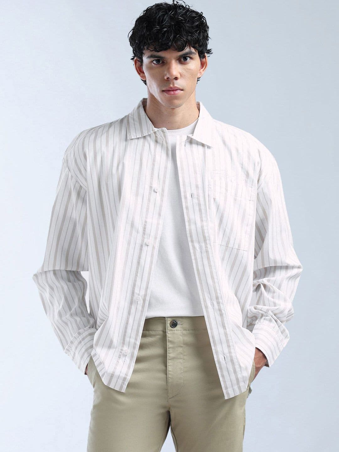 Flying Machine Relaxed Striped Spread Collar Cotton Shirt - view 1