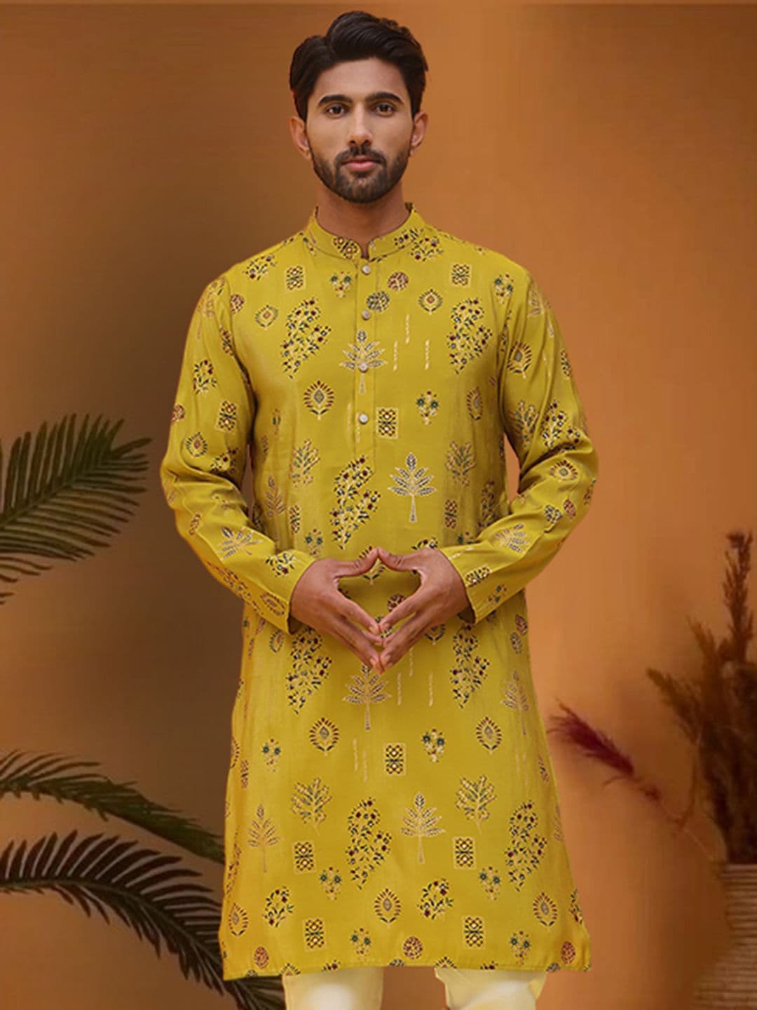 Jompers Men Floral Printed Floral Silk Kurta - view 1