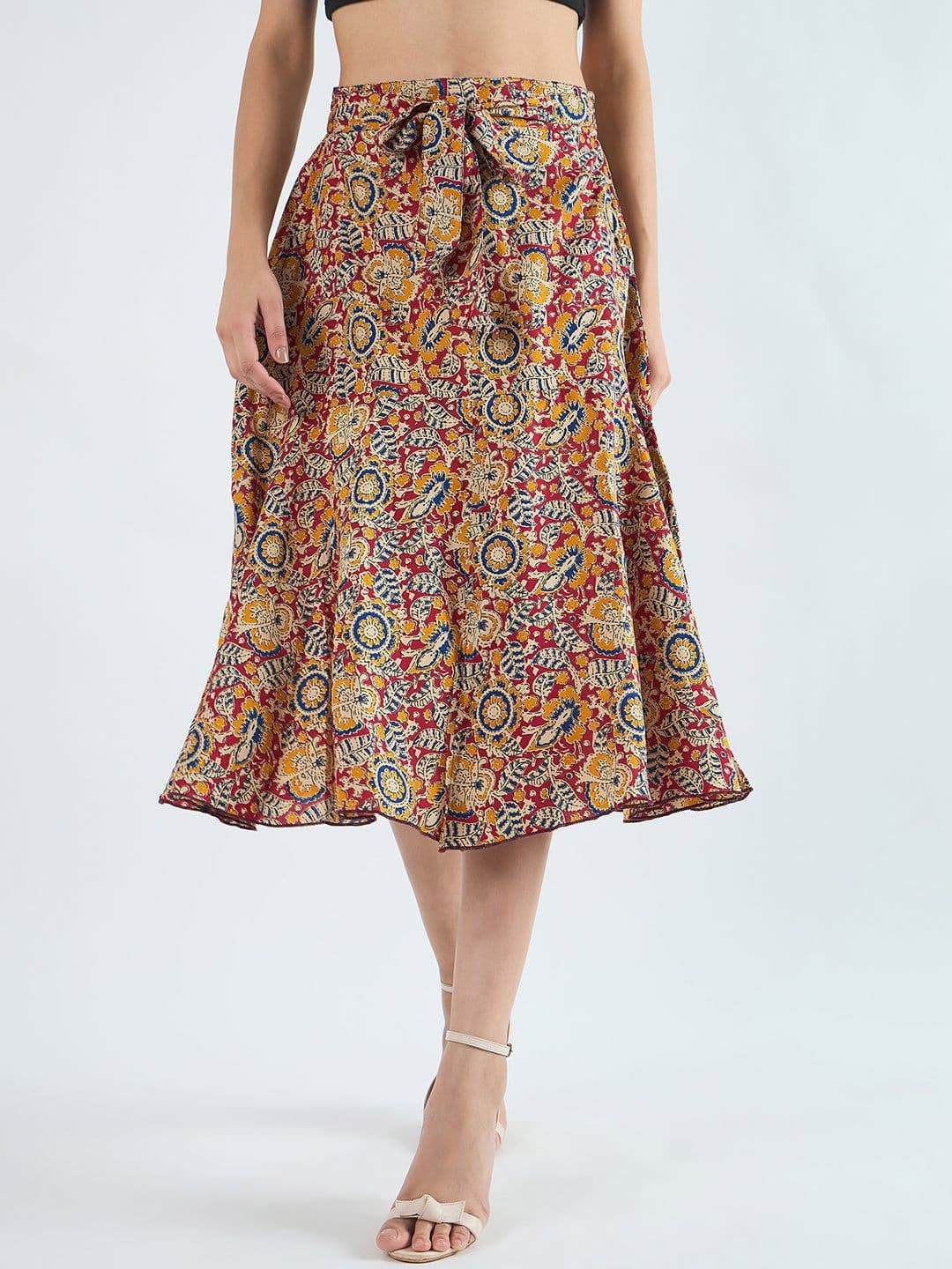 Bitterlime Kalamkari Printed A-Line Knee Length Skirt - view 1