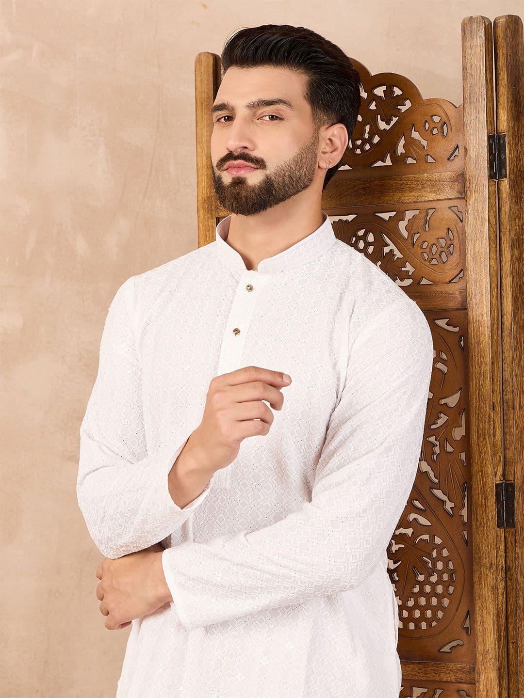 HERE&NOW Floral Embroidered Thread Work Mandarin Collar Straight Kurta - view 1
