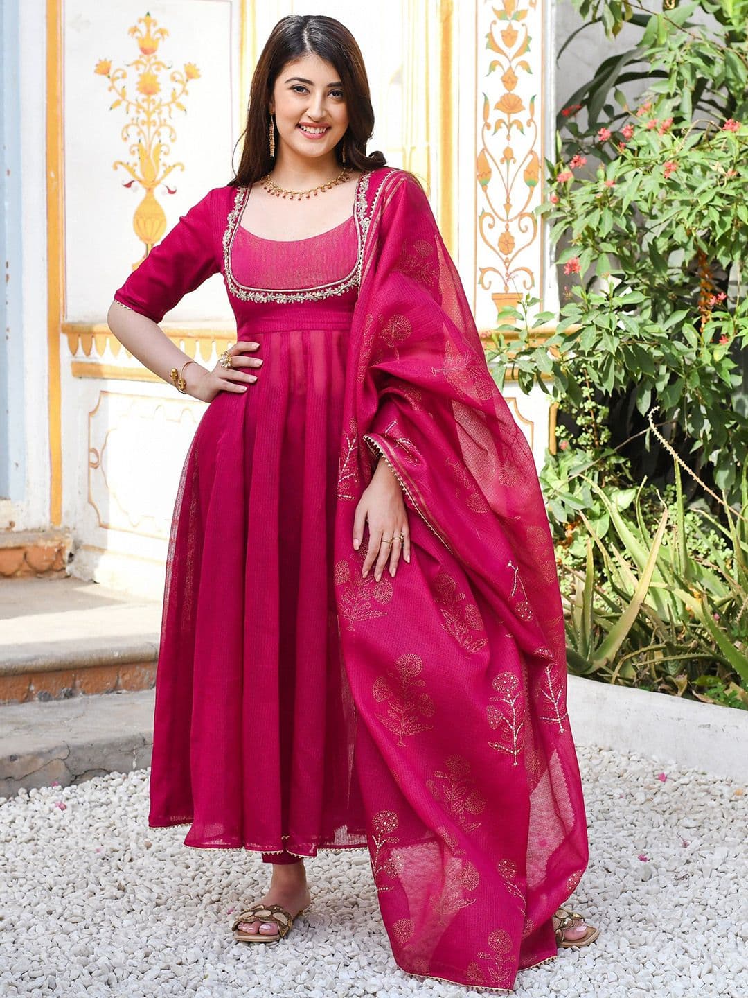 GoSriKi Yoke Design Scoop Neck Anarkali Kurta With Trousers And Dupatta - view 1