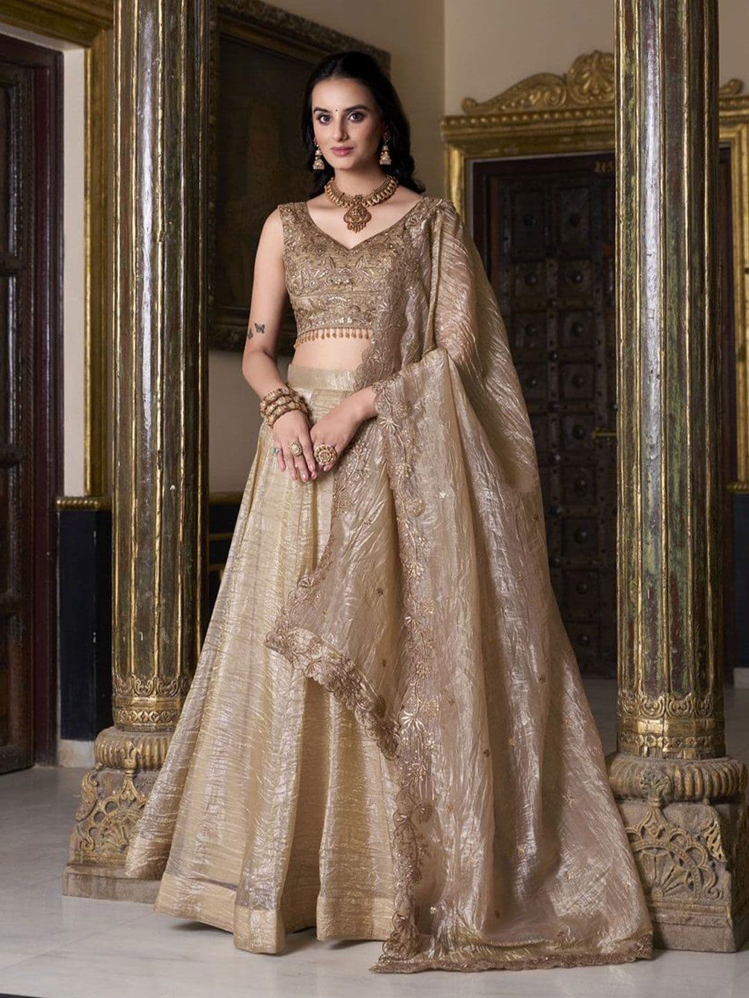 LOOKNBOOK ART Elegant Gold Embroidered Bridesmaid Lehenga Set - view 1