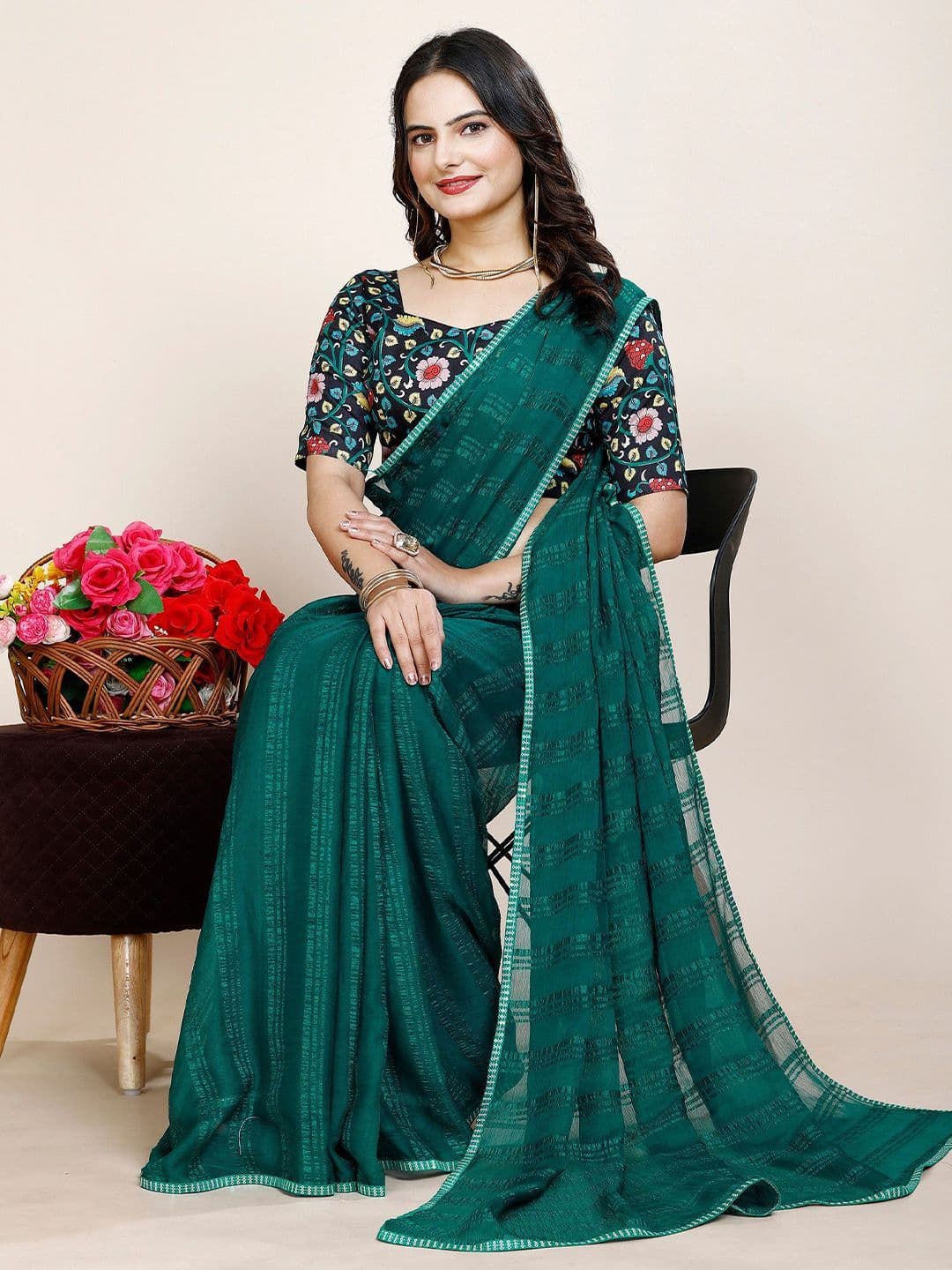 K 5 Fashion Striped Pure Chiffon Saree - view 1