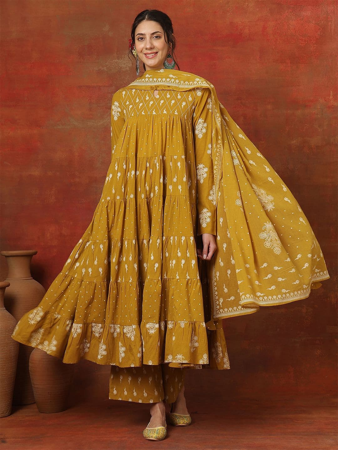 GULMOHAR JAIPUR Women Ethnic Motifs Printed Pure Cotton Kurta with Palazzos & Dupatta - view 1