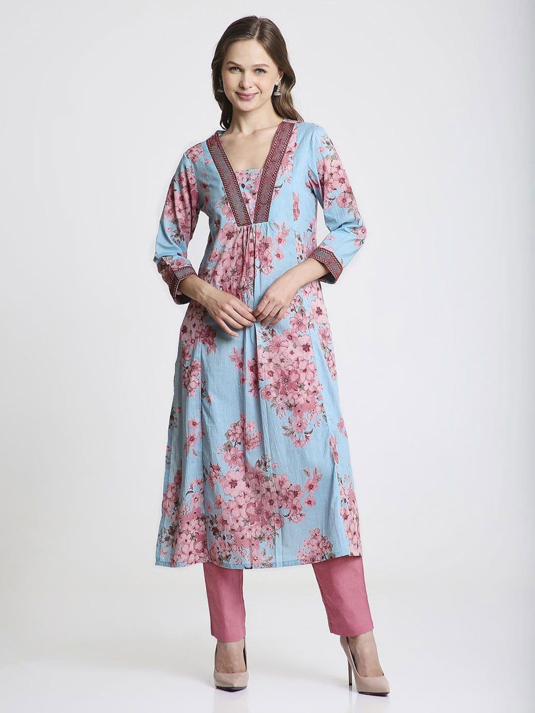 Saffron Threads Women Floral Printed Screen Print Daily Cotton A-Line Kurta - view 1