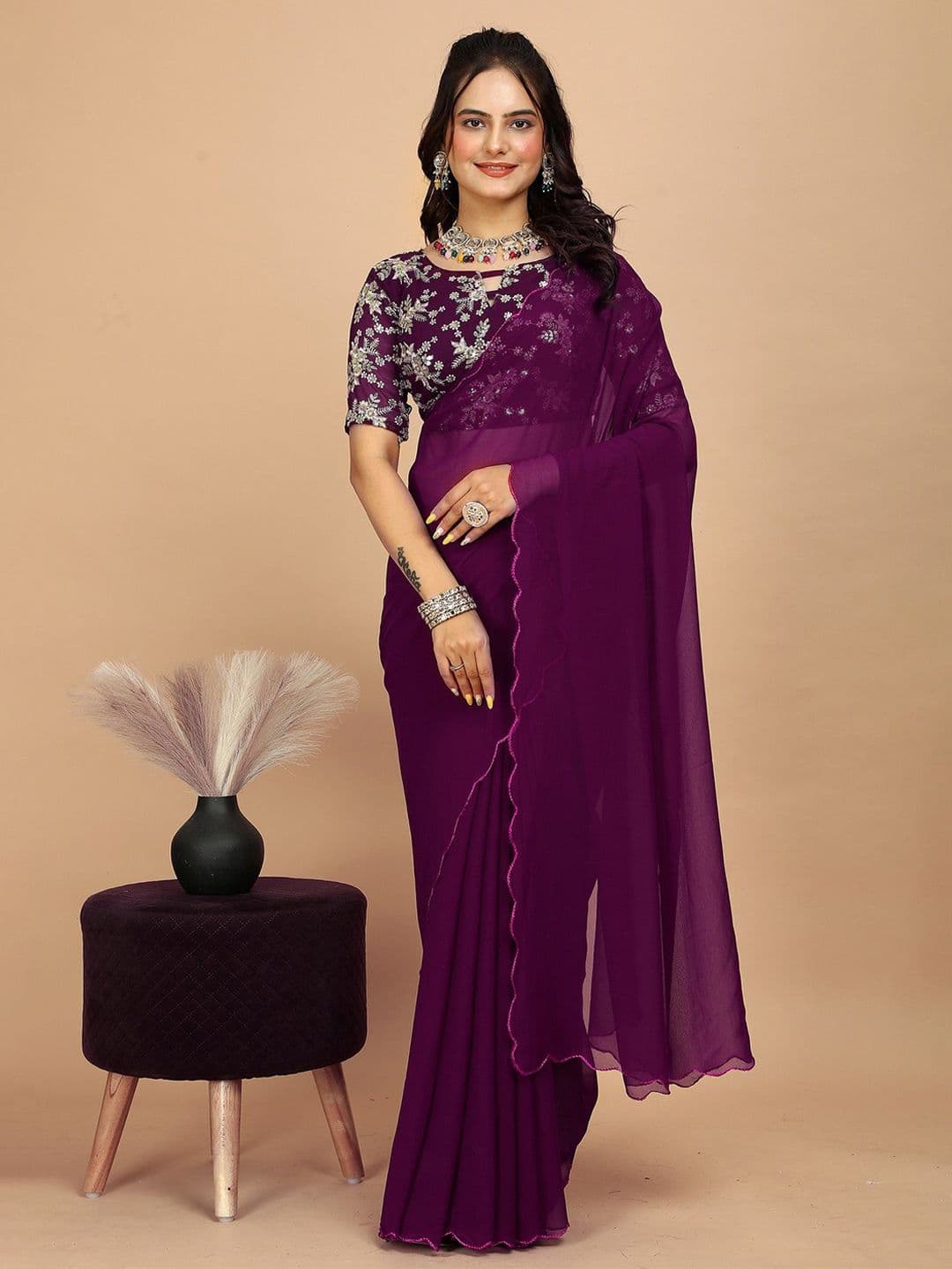 K 5 Fashion Striped Pure Georgette Saree - view 1