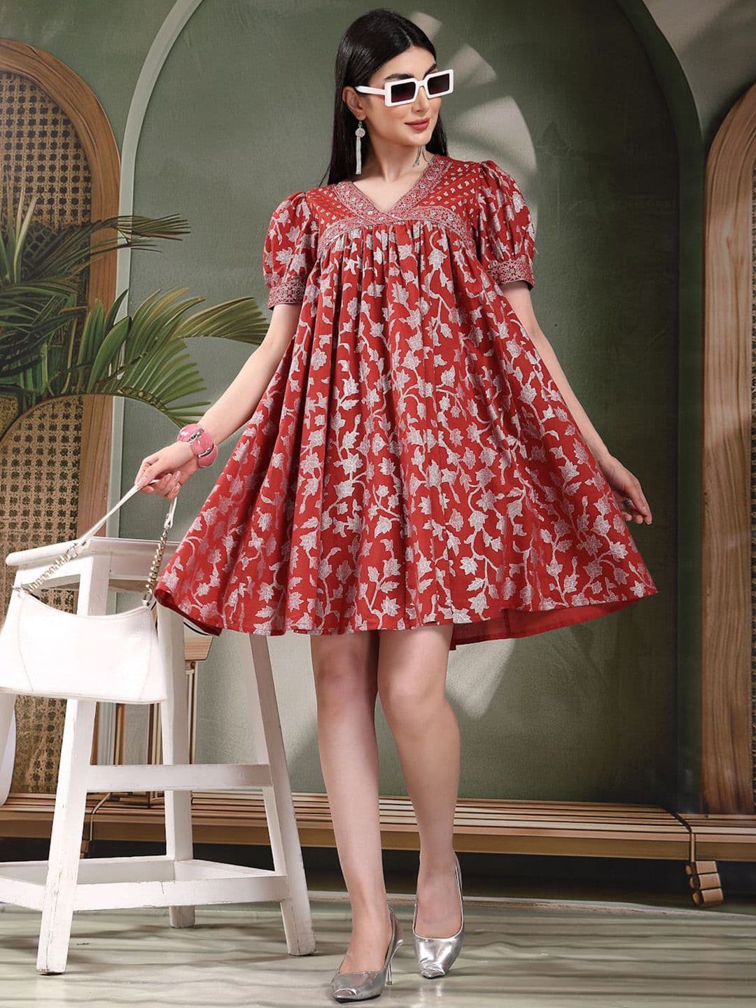 Sangria Printed Cotton V Neck Empire Ethnic Dress - view 1