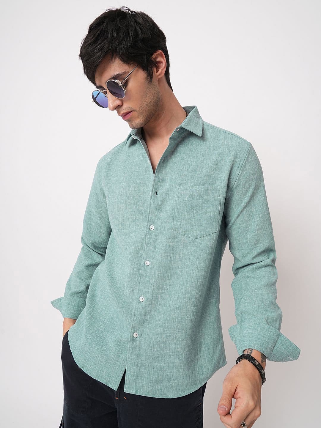 VASTRADO Men Classic Slim Fit Green Slub Textured Shirt - view 1