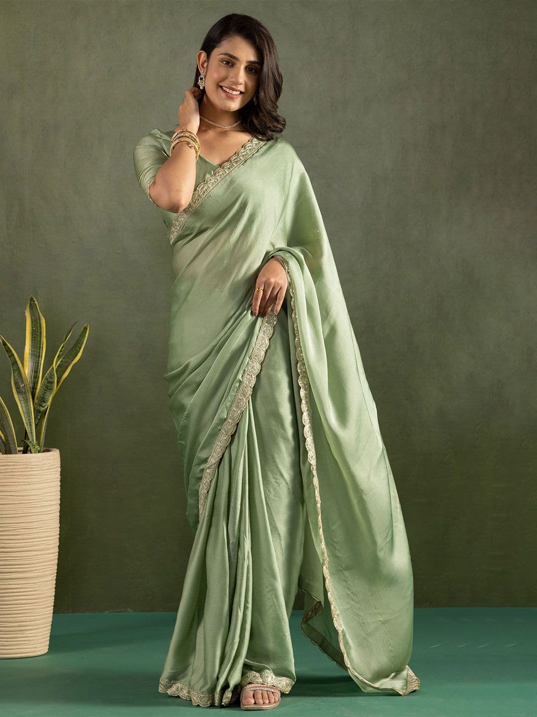 HERE&NOW Sequinned Embroidered Pure Chiffon Saree Ready to Wear Saree - view 1