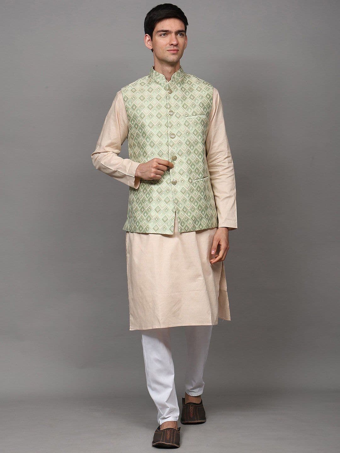 Exotic India Men Embroidered Mandarin Collar Woven Nehru Jacket With Front Pockets - view 1