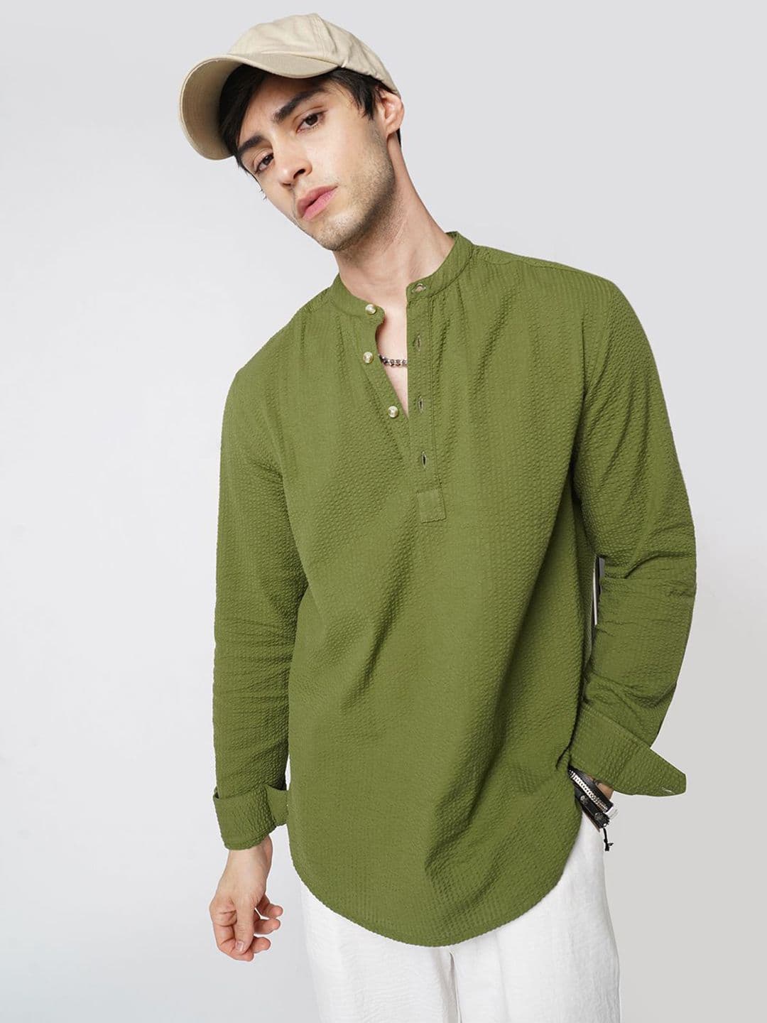 VASTRADO Thread Work Green Seersucker Band Collar Pure Cotton Straight Kurta - view 1