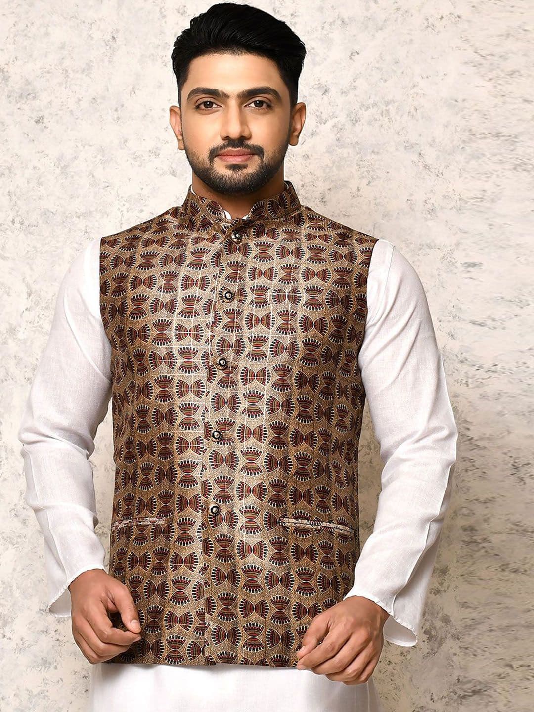 RANAK Digital Printed Mock Collar Nehru Jacket - view 1