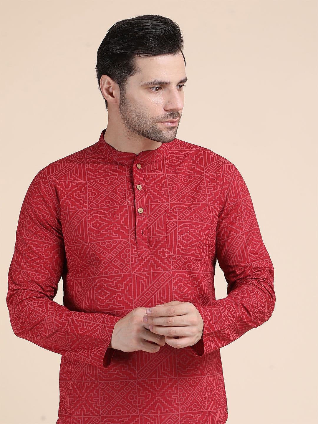 Anouk Rustic Geometric Printed Mandarin Colllar Cotton Straight Kurta - view 1