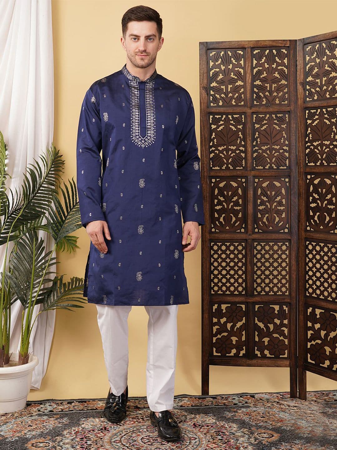 ADHIRAJAN Paisley Woven Design Mandarin Collar Silk Kurta - view 1