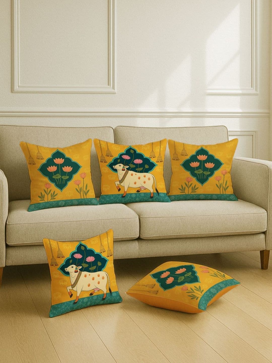 STITCHNEST Set of 5 Mustard & Green Ethnic Motifs 16'' x 16'' Cushion Cover - view 1
