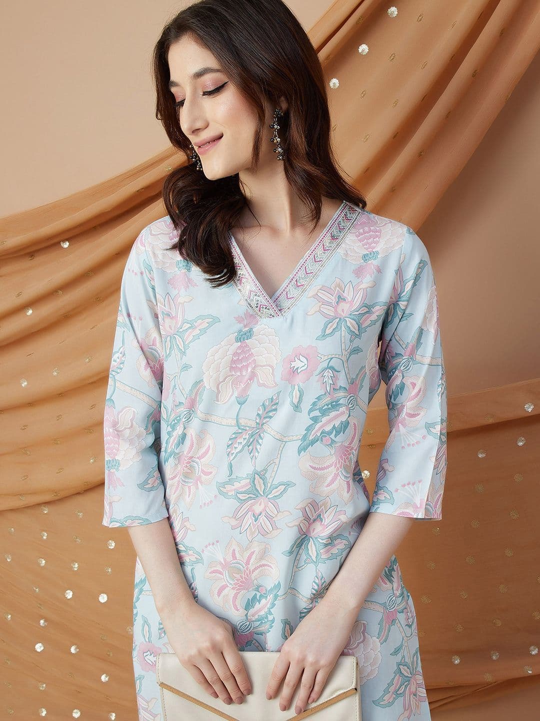 Melange by Lifestyle Floral Printed V Neck Straight Kurta - view 1