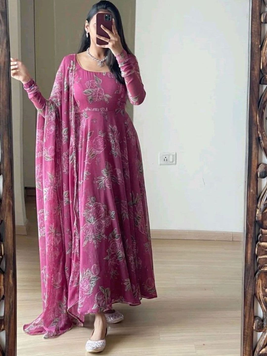 Femvy Floral Printed Empire Round Neck Anarkali Kurta With Dupatta - view 1