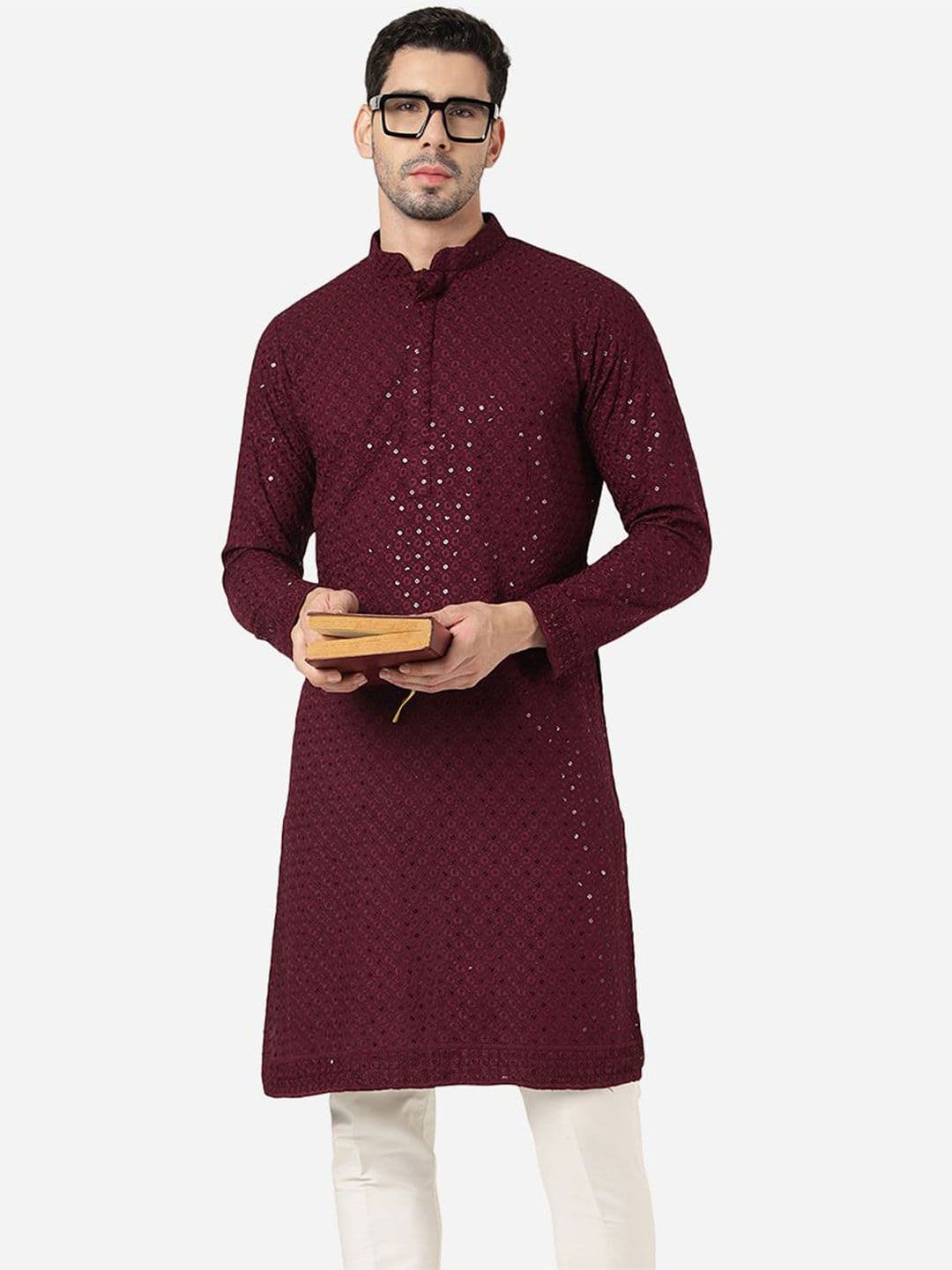 ADHIRAJAN Men Embroidered Chikankari Cotton Straight Kurta - view 1