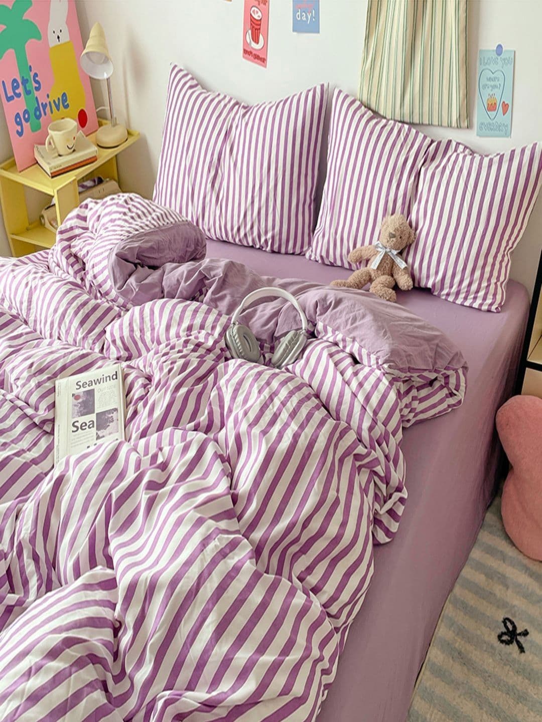 JC HOME Purple & White Striped Polycotton 3 Piece Single Regular Bedding Set - view 1
