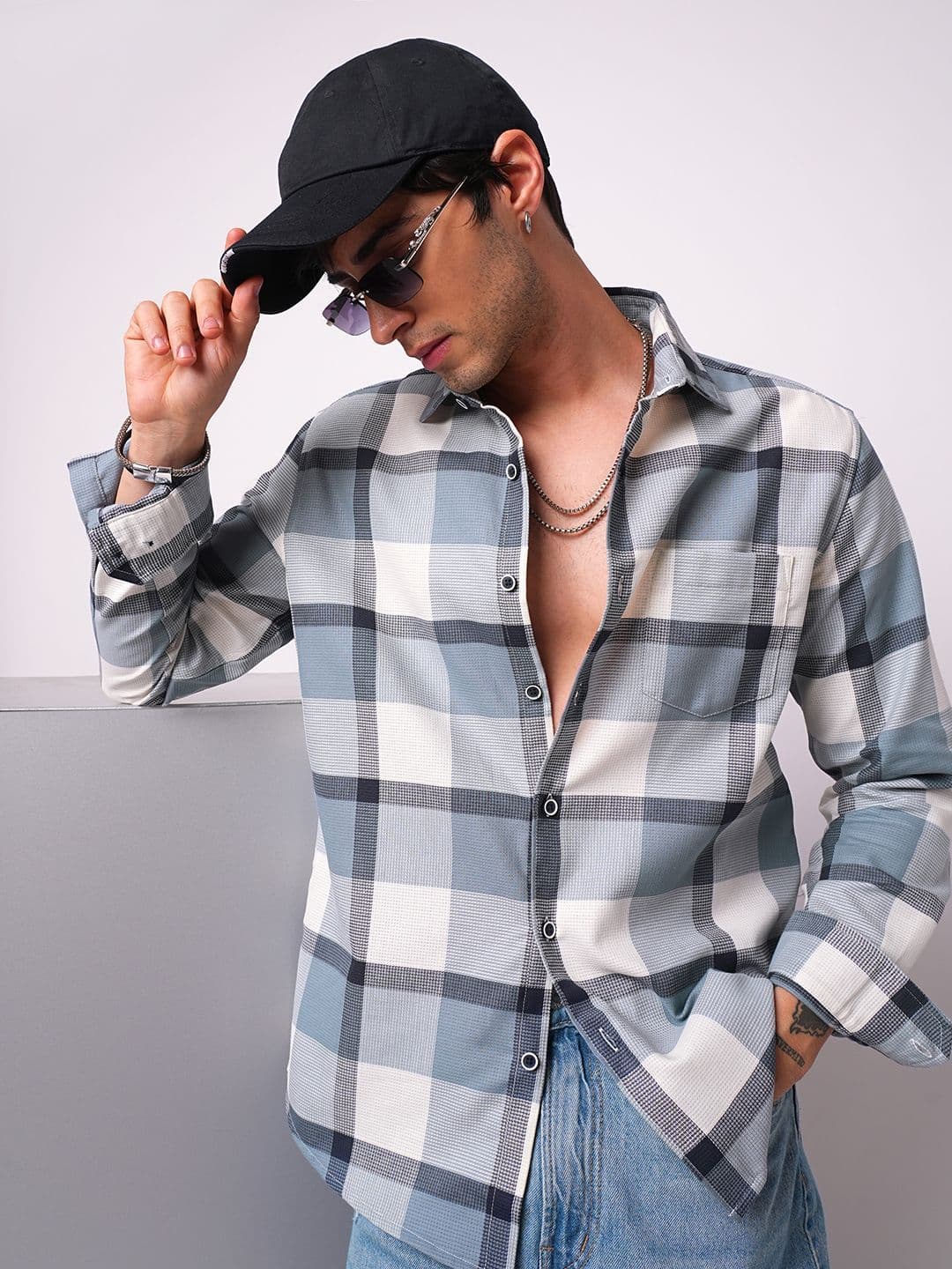 VASTRADO Men Slim Fit Windowpane Checked Spread Collar Cotton Casual Shirt - view 1