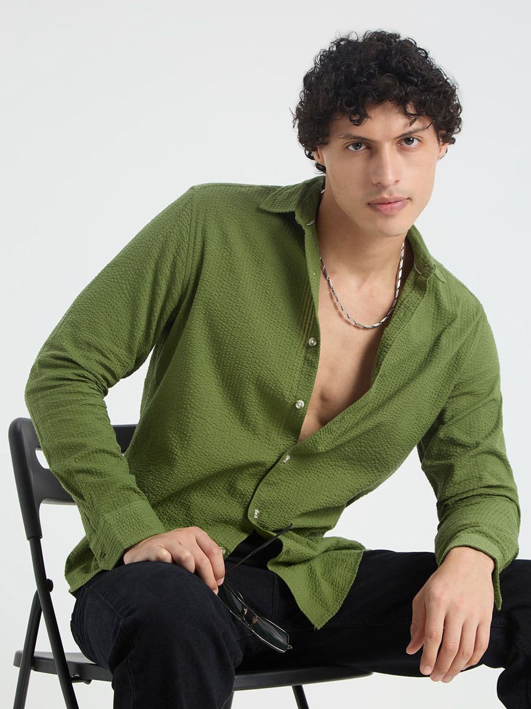 VASTRADO Men Slim Fit Textured Spread Collar Cotton Casual Shirt - view 1